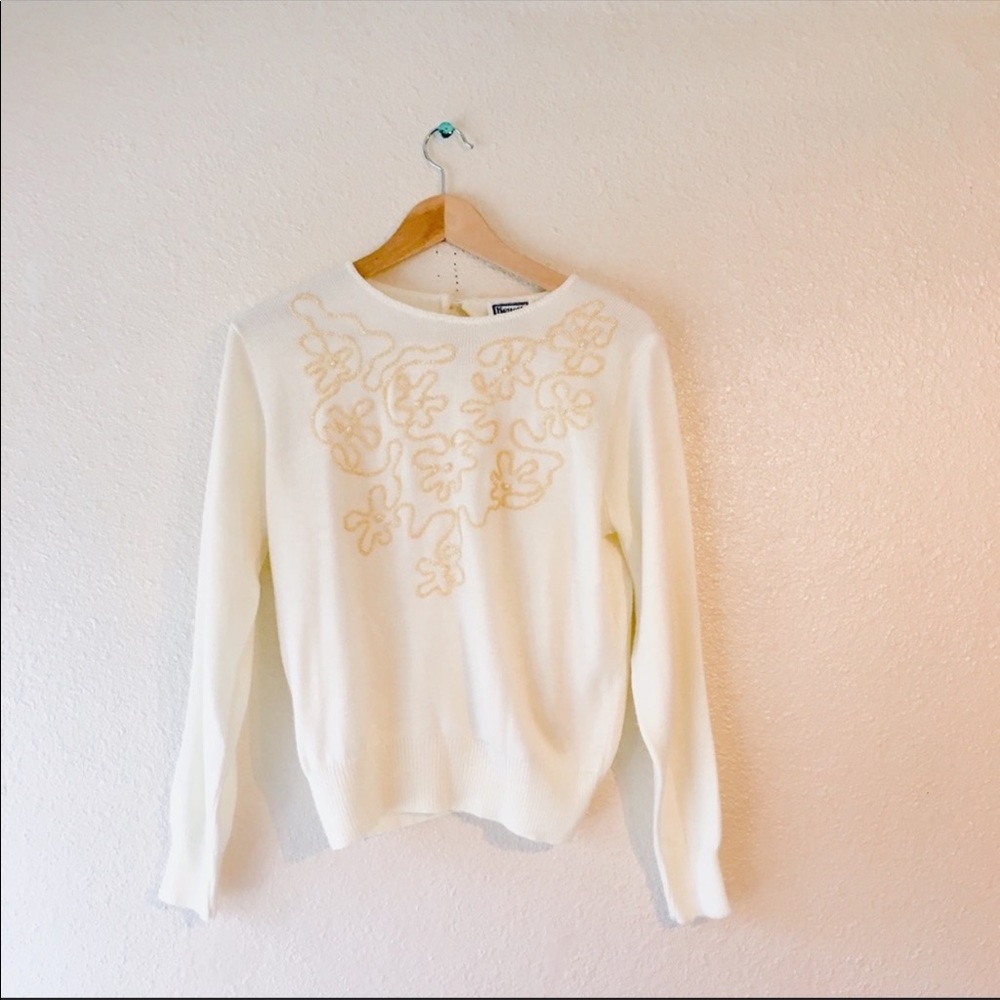 Vintage 90s Sweater Embellished Ivory Long Sleeve Small